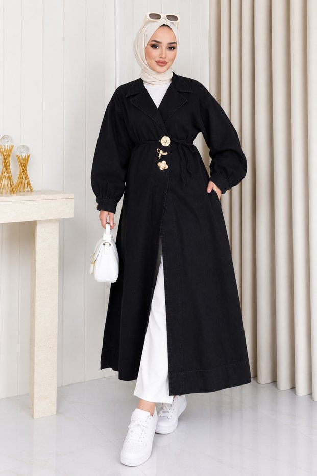 Women's Double-Breasted Collar Bronchial Detailed Belted Denim Jeans Kimono - Trench Coat