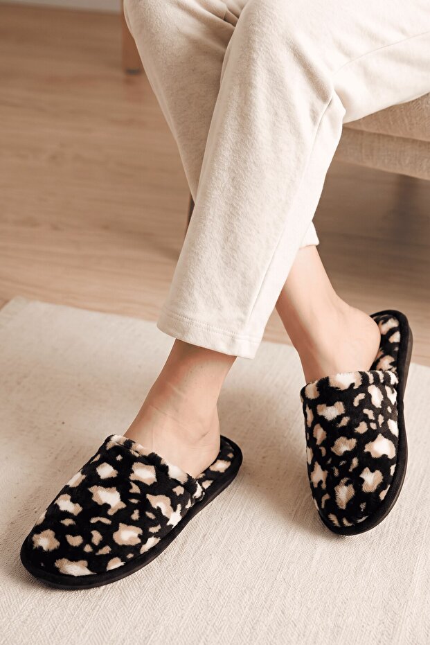 Women's Leopard Patterned Plush House Slippers Soft Soled Warm Room Slippers