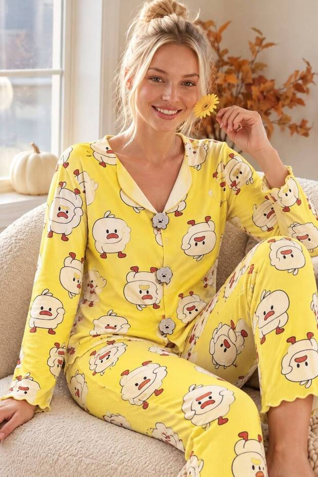 Luxury Suede Patterned Long Sleeve Women's Pajama Set