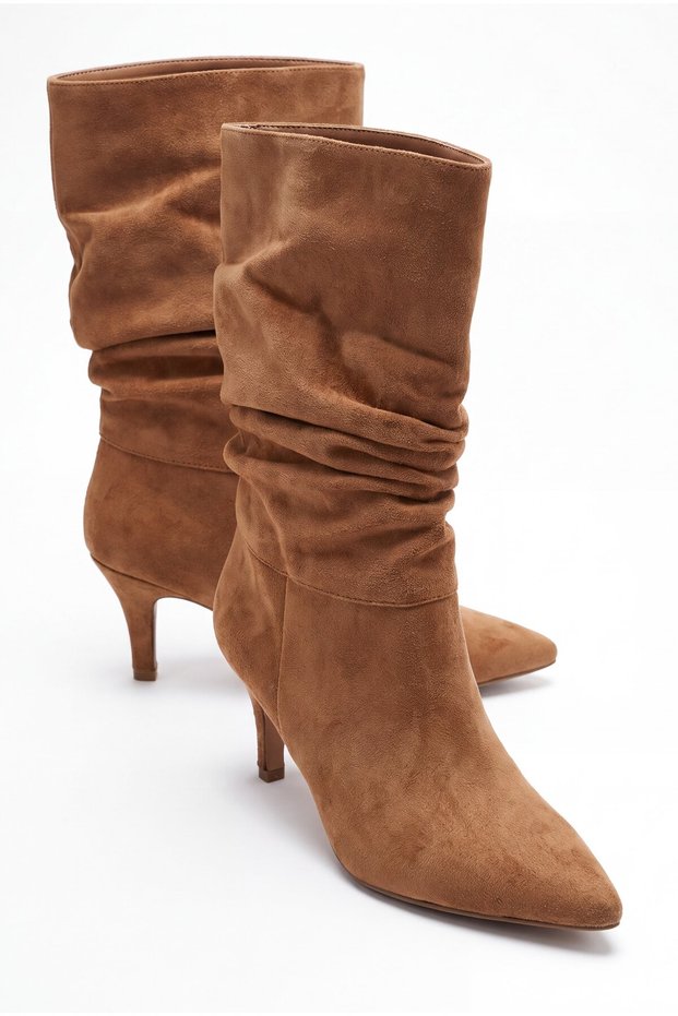 Wedge heel women's suede ankle boot - tan, 7cm heel