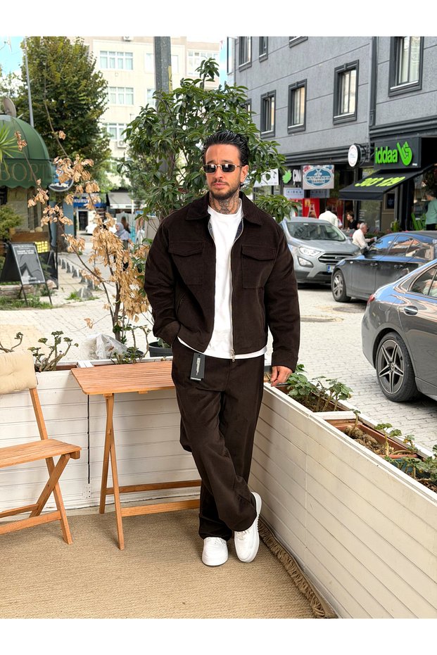 Imported Velvet Jacket and Trousers Set Brown