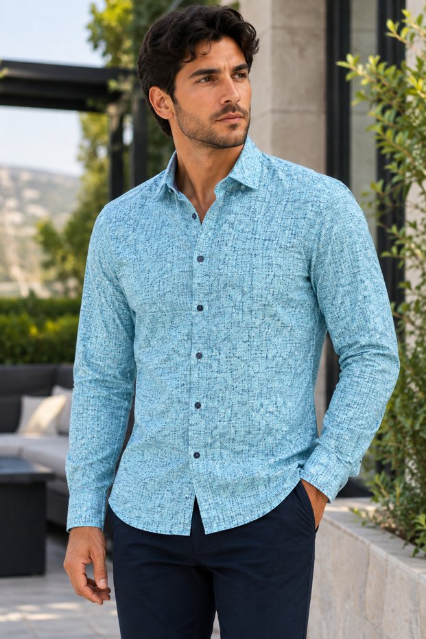 Men's Wide Fit Long Sleeve Printed Lycra Men's Shirt