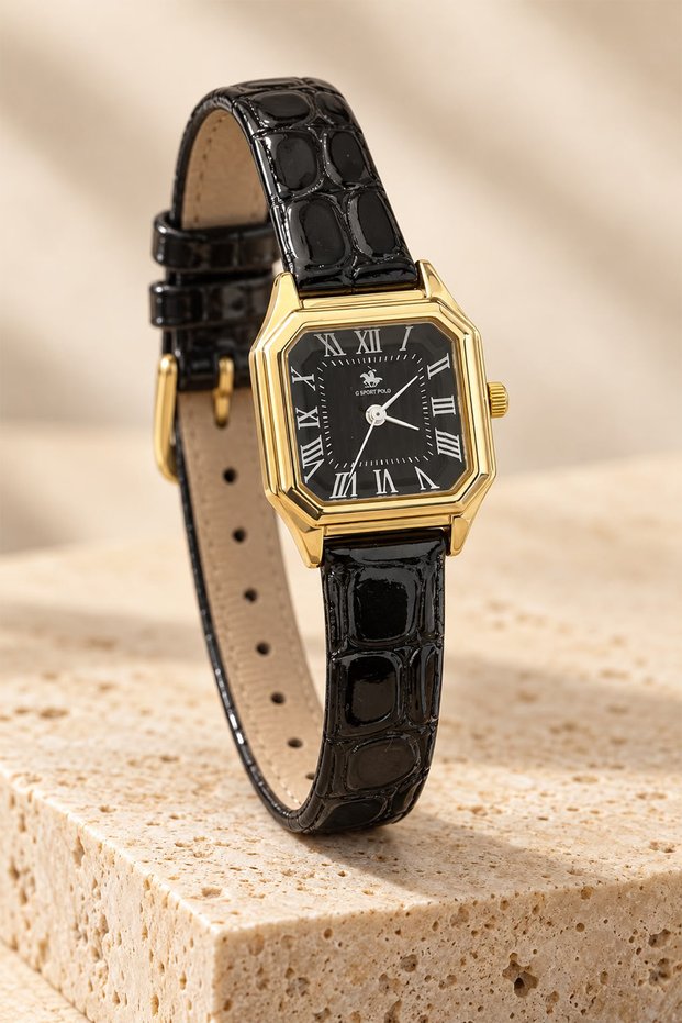 Snooc Vintage Octagonal Case Black Leather Strap Women's Wristwatch – Gold-Plated Case & Black Dial with Roman Numerals