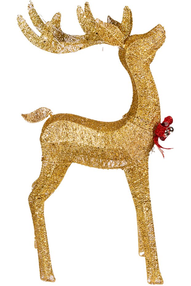 Christmas Ornament, Deer, Gold - Metal, Illuminated, Glittery, with Red Bow, 63X110 cm