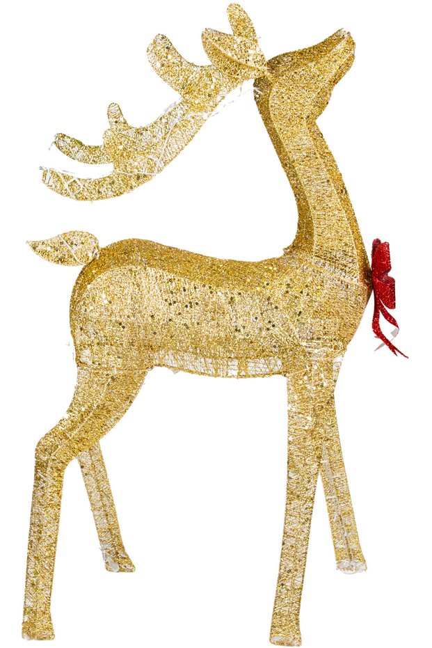 Christmas Ornament, Deer, Gold - Metal, Illuminated, Glittery, with Red Bow, 80X140 cm