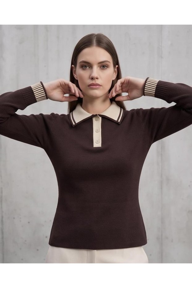 Women's Elegant Polo Collar Striped Cuff Detailed Stylish Knitwear Blouse