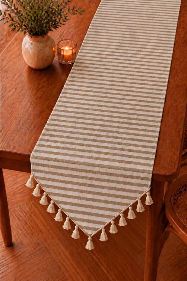 Striped Brown Vintage Cotton Linen Triangle Tassel Runner 40X110 Premium Linen