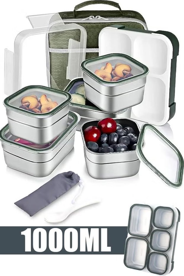 Lunch Box for School 1000ml Stainless Steel Leak-Proof Lunch Box 5 Grids Food Container Lunch Box Bring Lunch Bag Cutlery Spoon Bento Box for Kids and Adults-Food Safe Materials