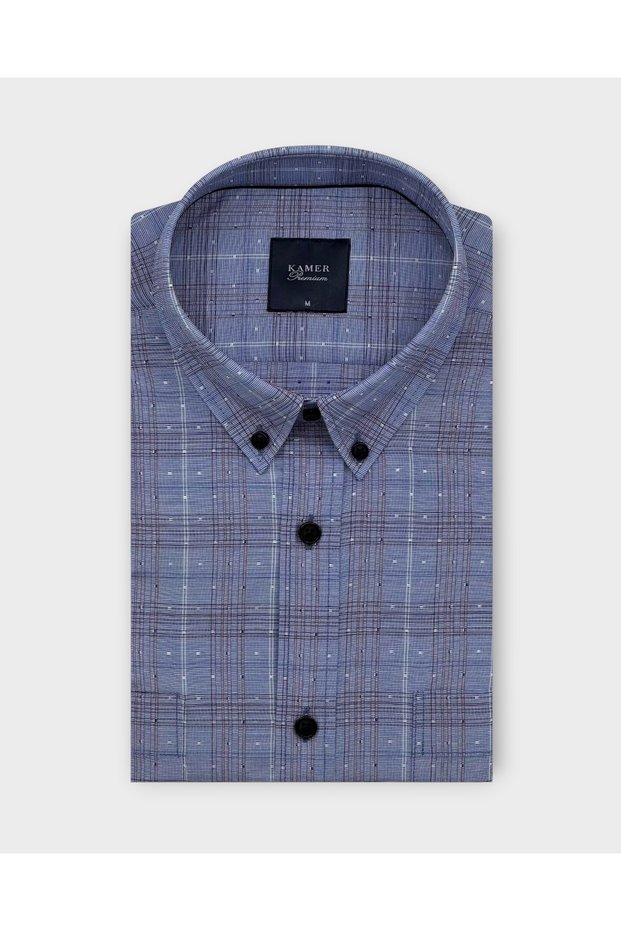 Regular Fit Long Sleeve Buttoned Collar Double Pocket Patterned Blue Shirt 4016m