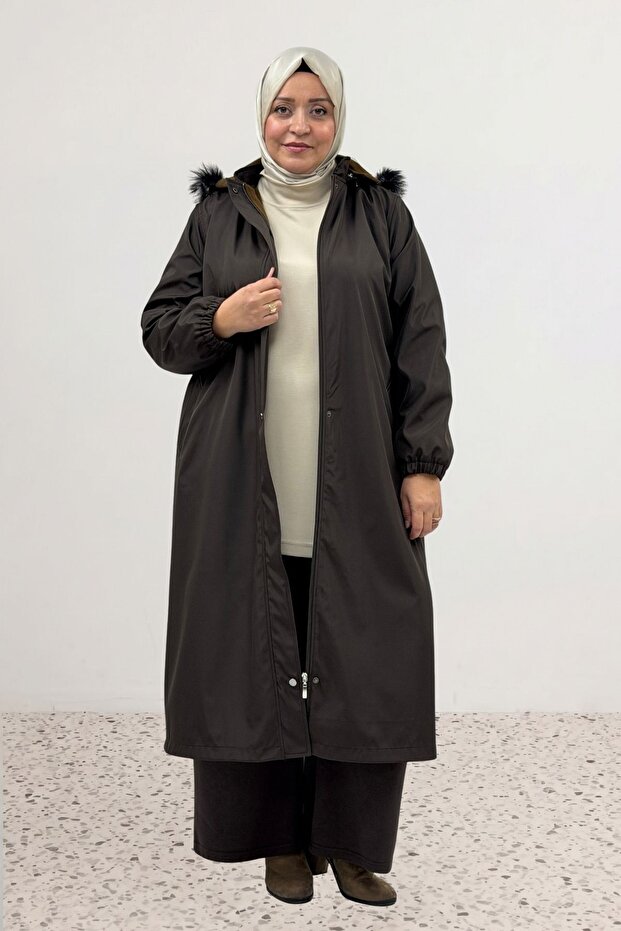 63032 Large Size Full Zip Hooded Fur Bondit Cap - Brown