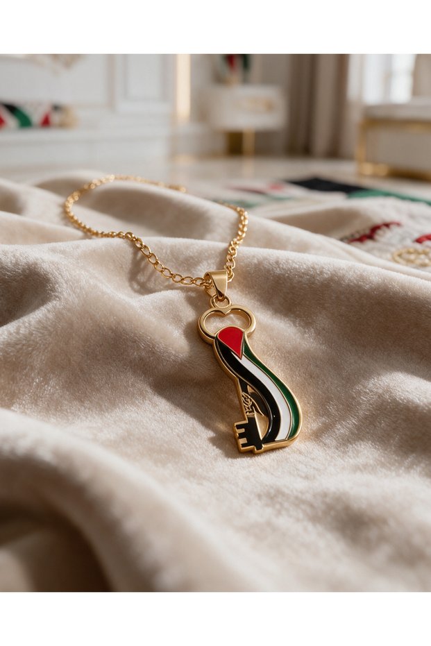 Wavy Palestine Flag with Return Key Stainless Silver Plated Chain Unisex Necklace J3000