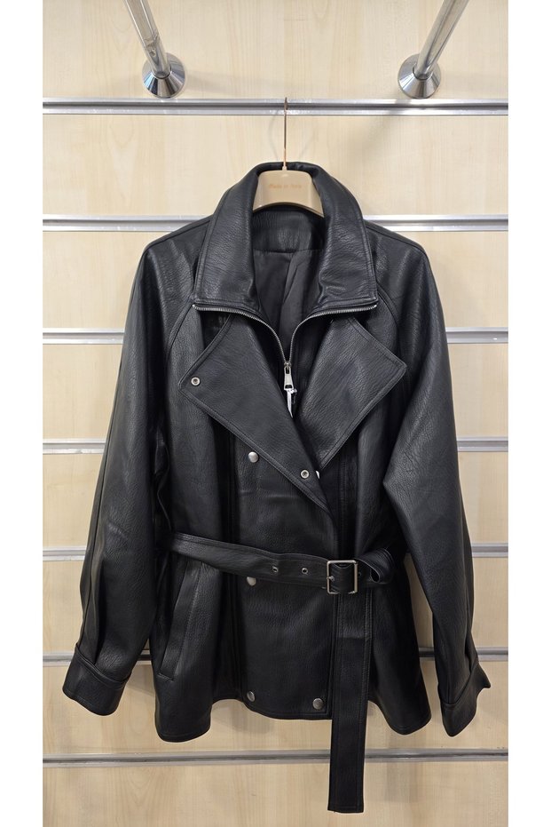 Women's Italian Leather Jacket with Asymmetrical Closure and Belt