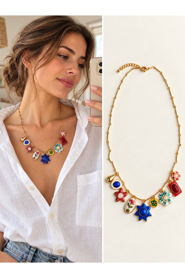 Solana Colorful Figured Charm Detailed Necklace for Women Navy Blue