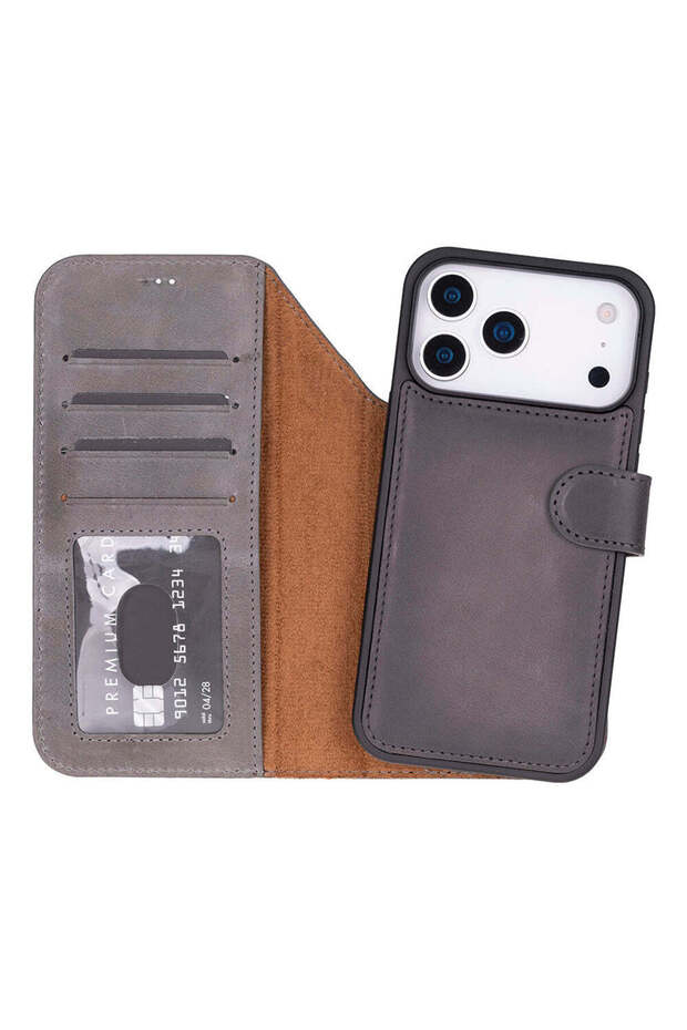Bloomcase porta stone grey iphone 18 pro max / 17 pro max magsafe rfid genuine leather wallet case