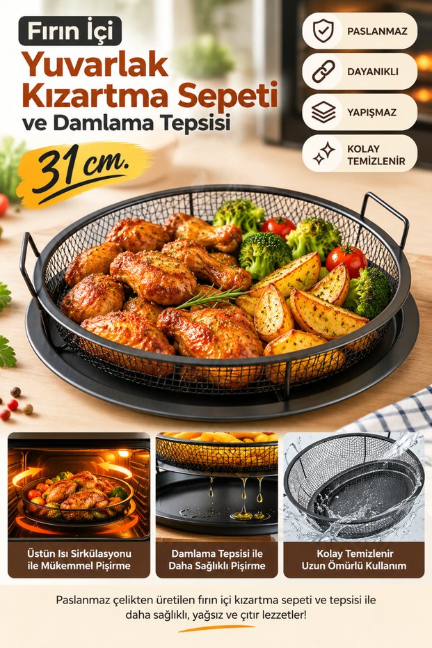 Round Frying Basket and Drip Tray for Oven 31cm.