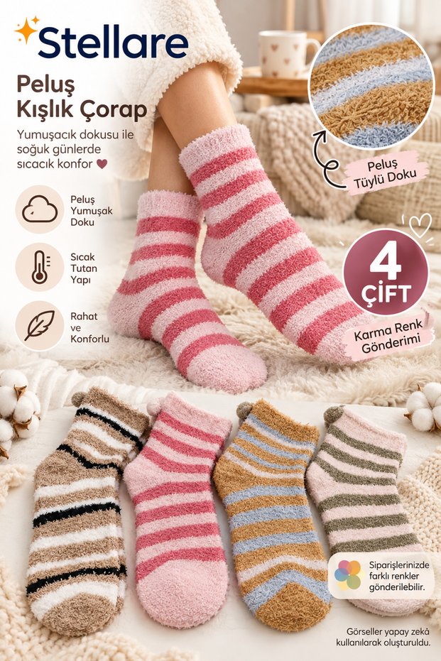 Women's Striped Plush Winter Socks 4 Pairs - Soft Textured Warm Home and Sleep Socks Mixed Color