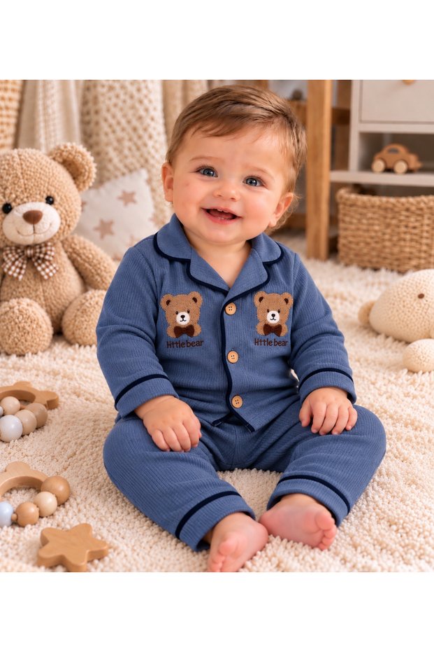 100% Cotton Teddy Bear Patterned Long Sleeve Buttoned Baby Boy Pajama Set