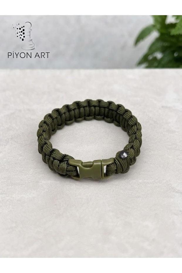 Handmade Khaki Green Paracord Unisex Bracelet with Clip Outdoor Survival Jewelry L Size