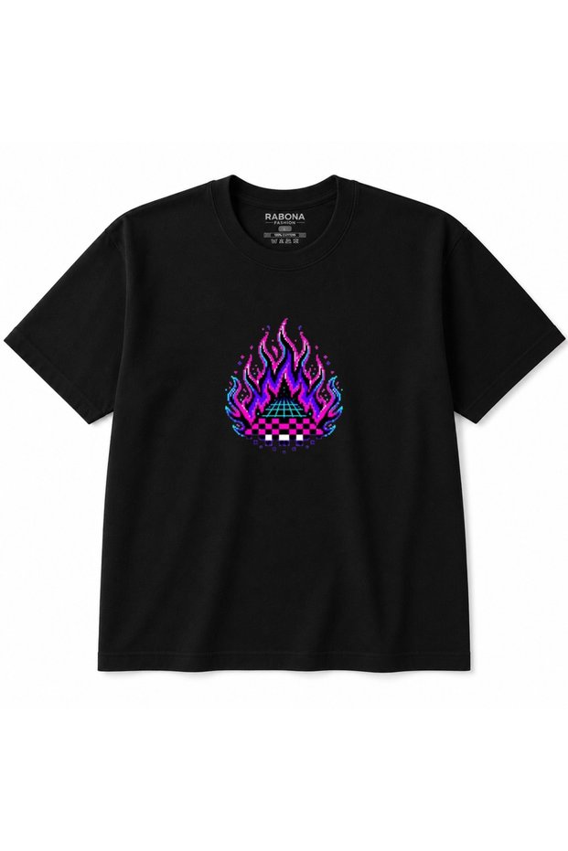 Neon Inferno Retro Pixel Flames & Cyber Grid Graphic T-Shirt