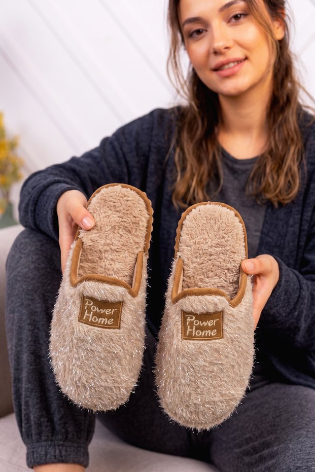 Women's Silvery Plush House Slippers Closed Toe Open Back Soft Warm Winter Comfortable Stylish Daily Slippers