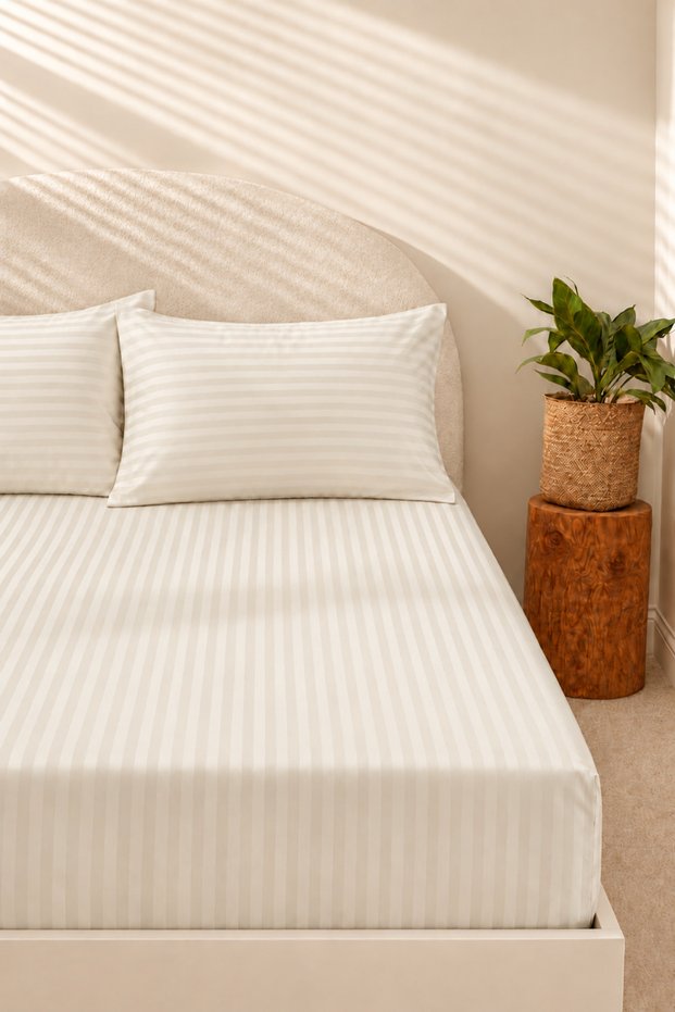 Cotton Satin 210 Tc(83 Threads) Striped Bed Sheet Set |   Ecru