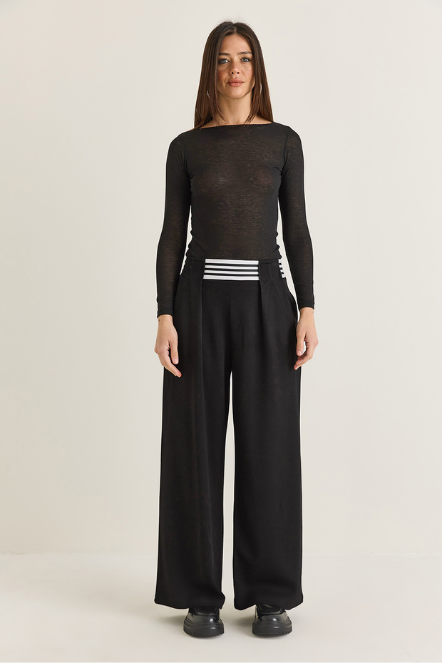 Women's Black Striped Elastic Waist Detailed Pleated Wide Leg Trousers 2702 60286663