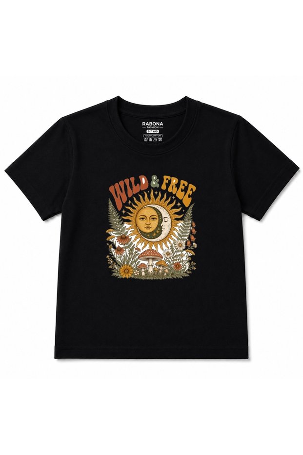 Wild & Free Celestial Sun Moon Boho Floral Graphic Kids T-Shirt