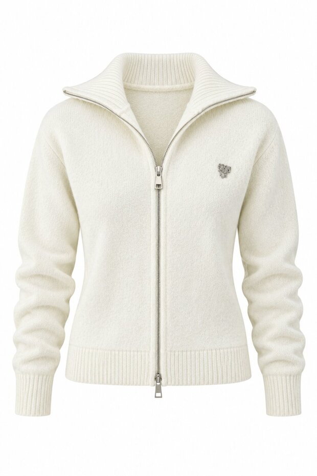 Ecru Turtleneck Double Zipper Cardigan - 2Y251108