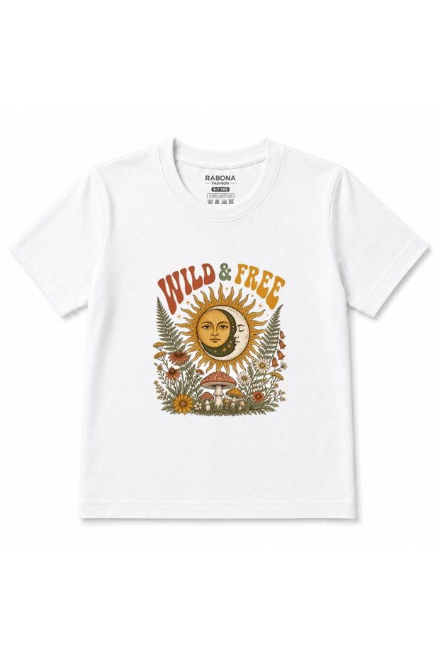 Wild & Free Celestial Sun Moon Boho Floral Graphic Kids T-Shirt