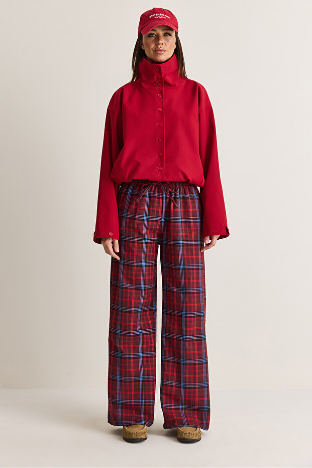 Women's Burgundy Plaid Patterned Pocketed Elastic Waist Lace-Up Wide Leg Trousers 4073 60286673