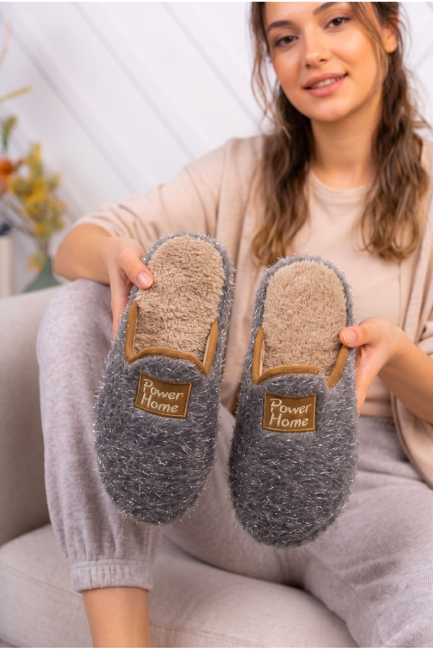 Women's Silvery Plush House Slippers Closed Toe Open Back Soft Warm Winter Comfortable Stylish Daily Slippers
