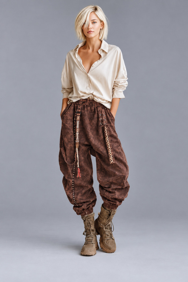 Bohem Style Vintage Washed Burgundy Loose Pants