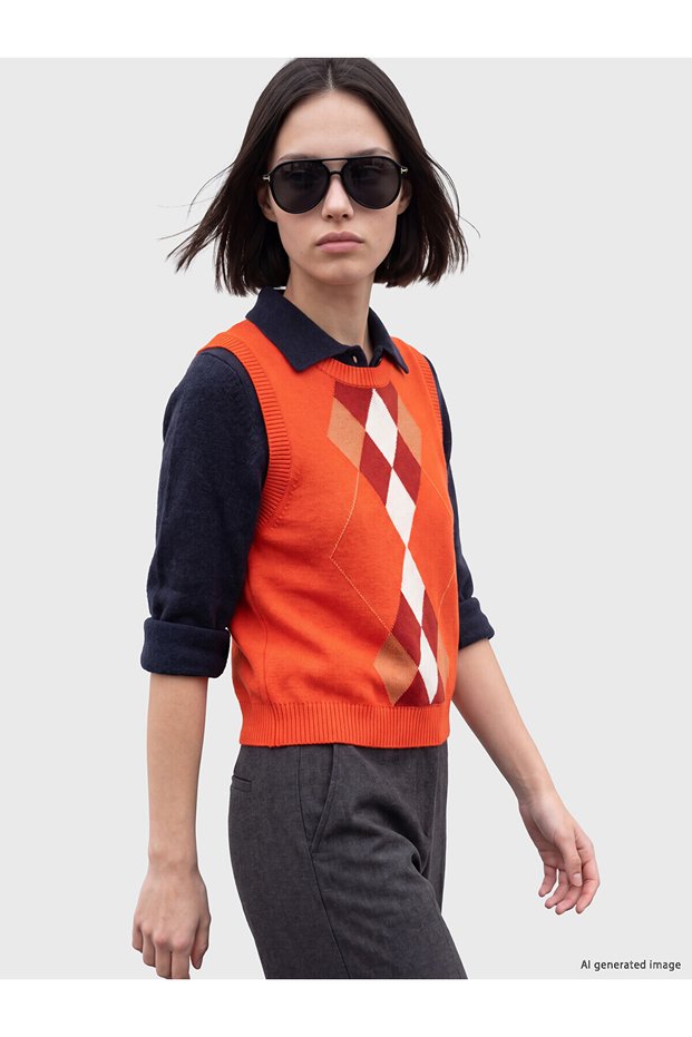 Two Mt Shop Quality Lcw Comfort Orange Knitwear Diamond Patterned Women's Sweater