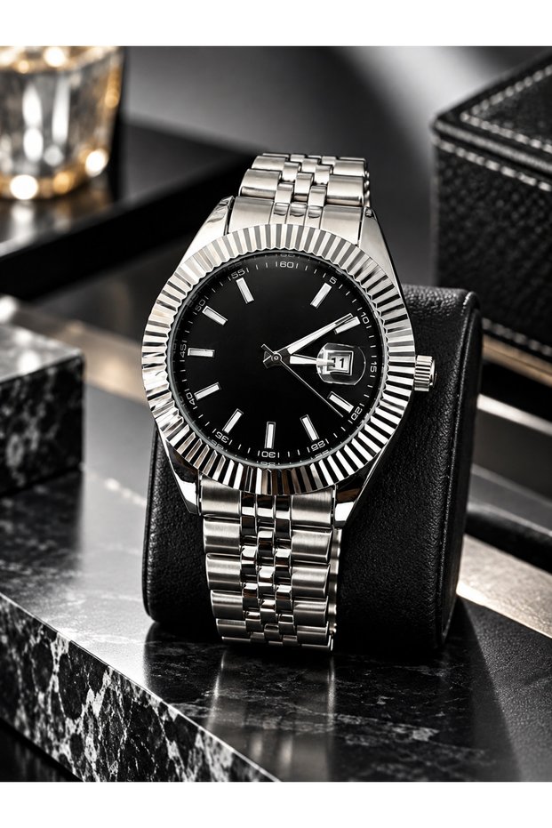 Men's Wristwatch Serrated Bezel Calendar Steel Band Stylish Classic Design