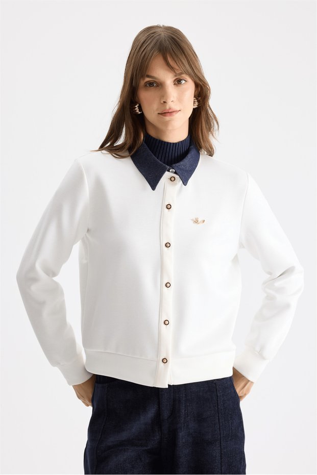 Cardigan with Denim Accessory Detail on the Collar 16913