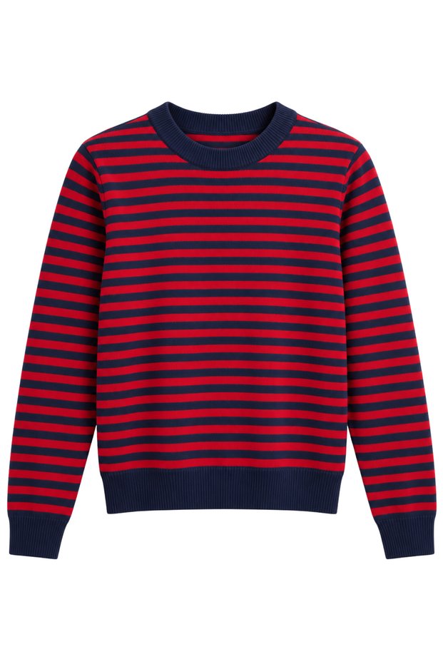 Women's Red Navy Blue Striped Crew Neck Soft Textured Sweater