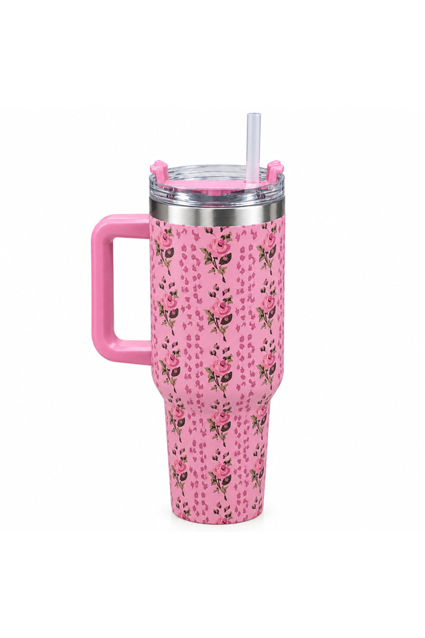 Floral Stainless Steel Water Bottle with Straw and Handle Pink – 1 Litre