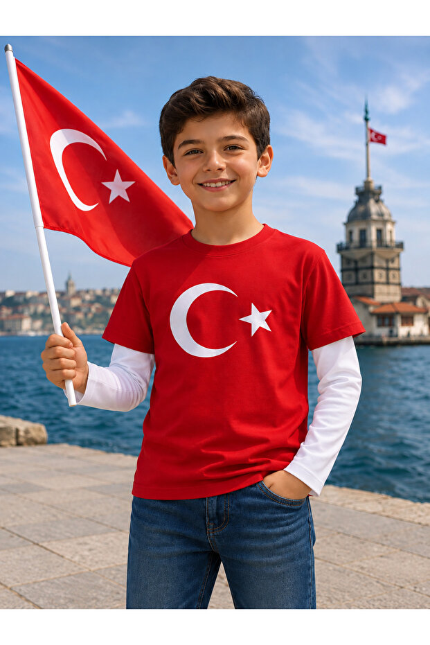 Children's Unisex White Long Sleeve T-Shirt with Additional Sleeve Detail, 100% Cotton Single Jersey, Turkish Flag Printed