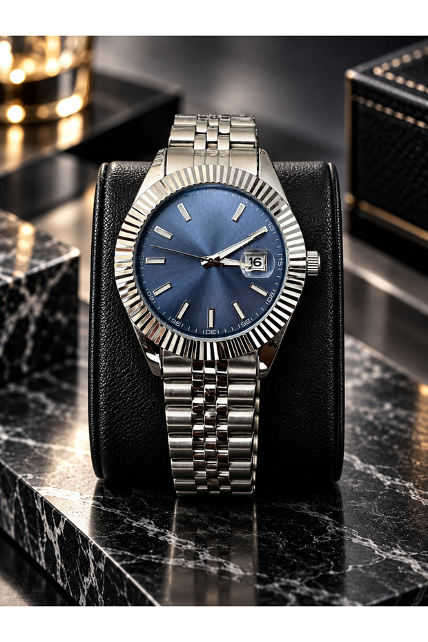 Men's Wristwatch Serrated Bezel Calendar Steel Band Stylish Classic Design