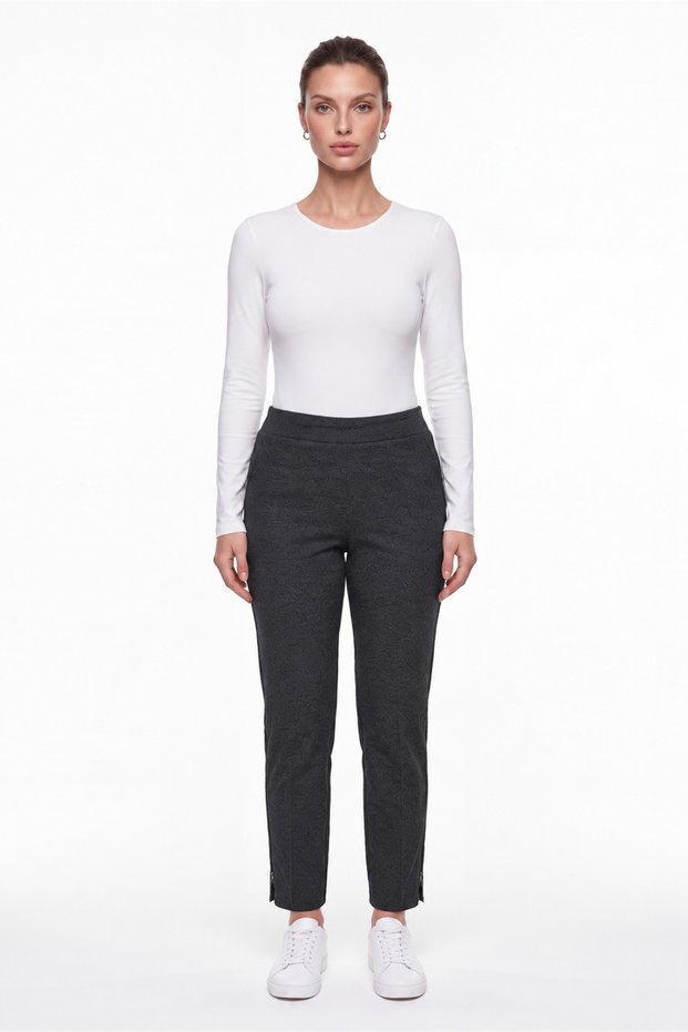 Women's Black Seasonal High-Waisted Patterned Trousers with Stone Detail on the Waist and Stone Detail on the Cuffs