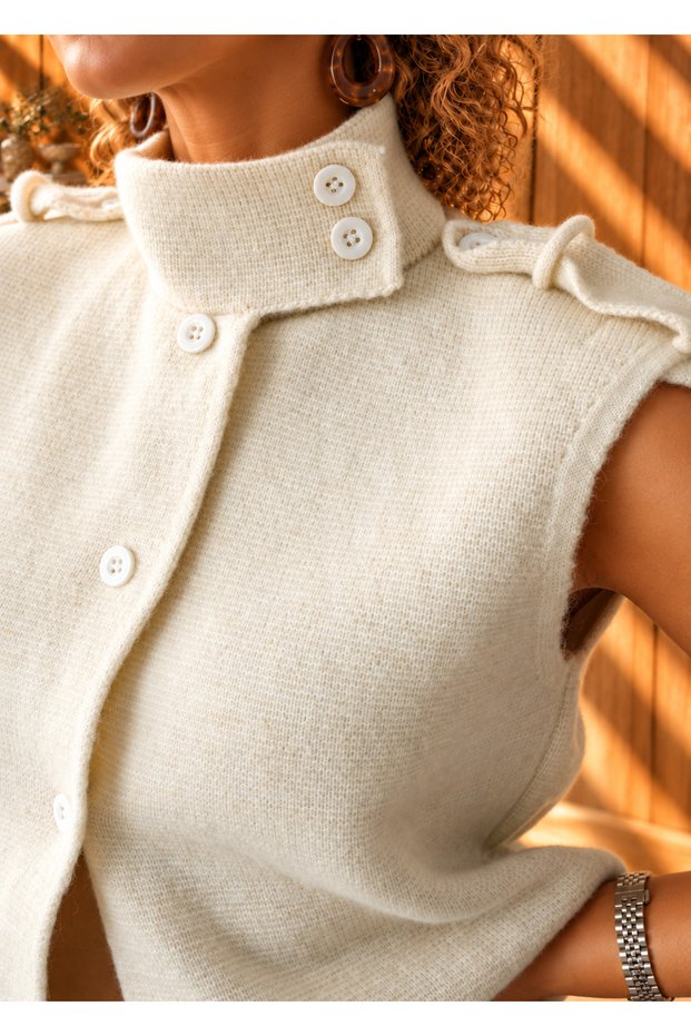 Cream Buttoned High-Neck Sleeveless Premium Knitwear Vest