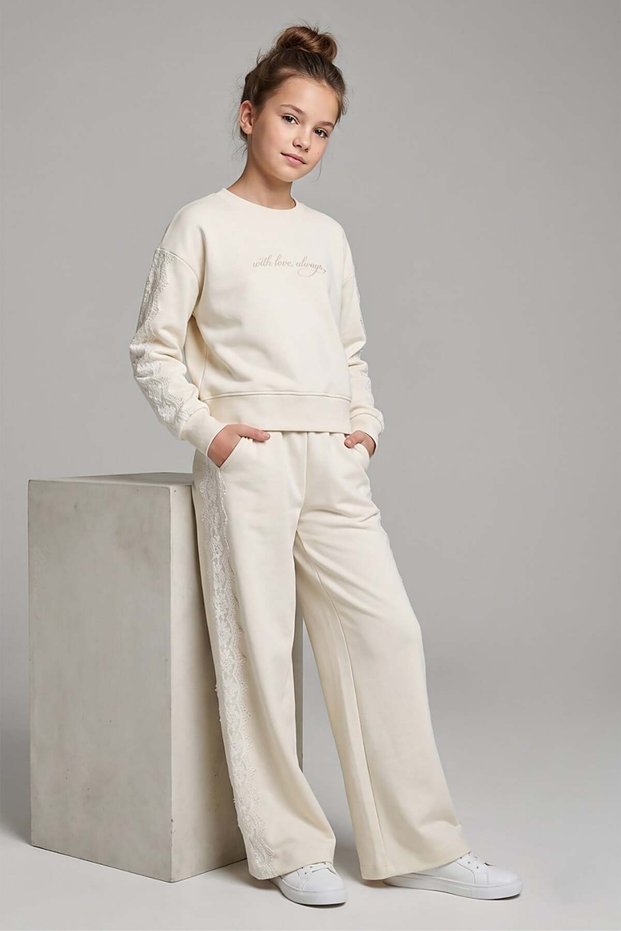 9-14 Years Old Girls' Lace Detailed Oysho Tracksuit Set Cream