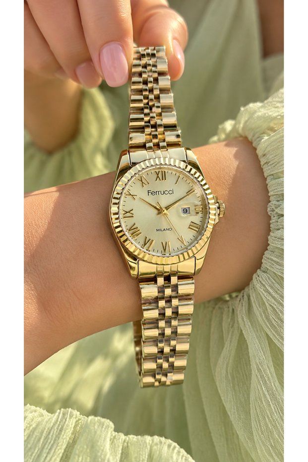 Roman Numerals-Calendar-Yellow Color Steel Strap-Yellow Dial-In Stylish Box-Women's Wristwatch