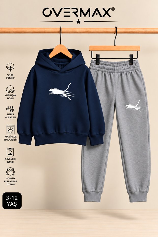 Cheetah Printed Children's Hooded Sweatshirt Tracksuit Set - Ages 3-12