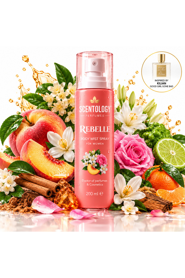 Scentology Rebelle Body Mist Spray for Women 200 ml – Floral Fruity Fragrance with Peach, Jasmine & Tuberose