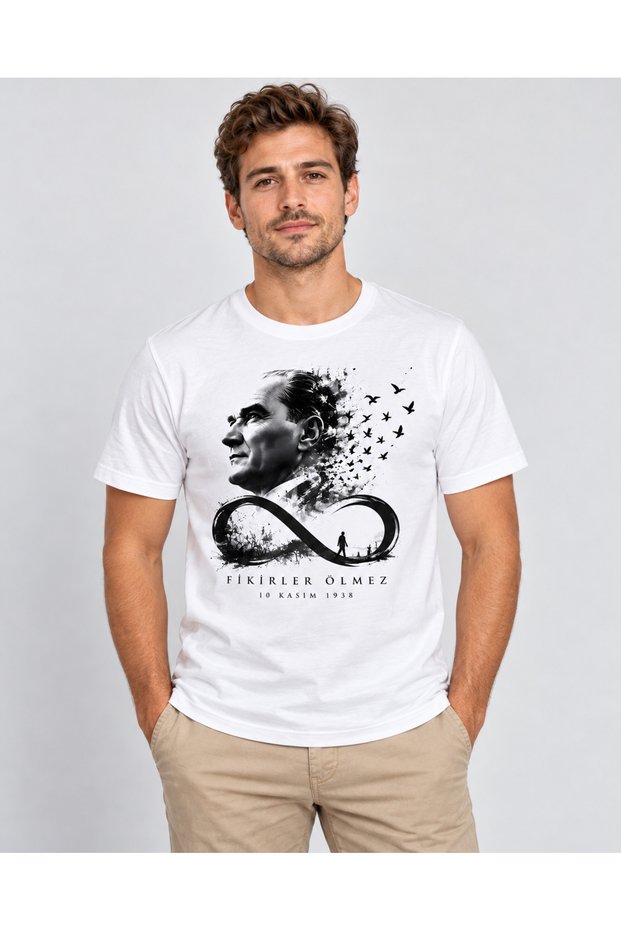 Ideas Are Immortal Infinity November 10 Ataturk Commemoration Day Dtg Printed White T-Shirt