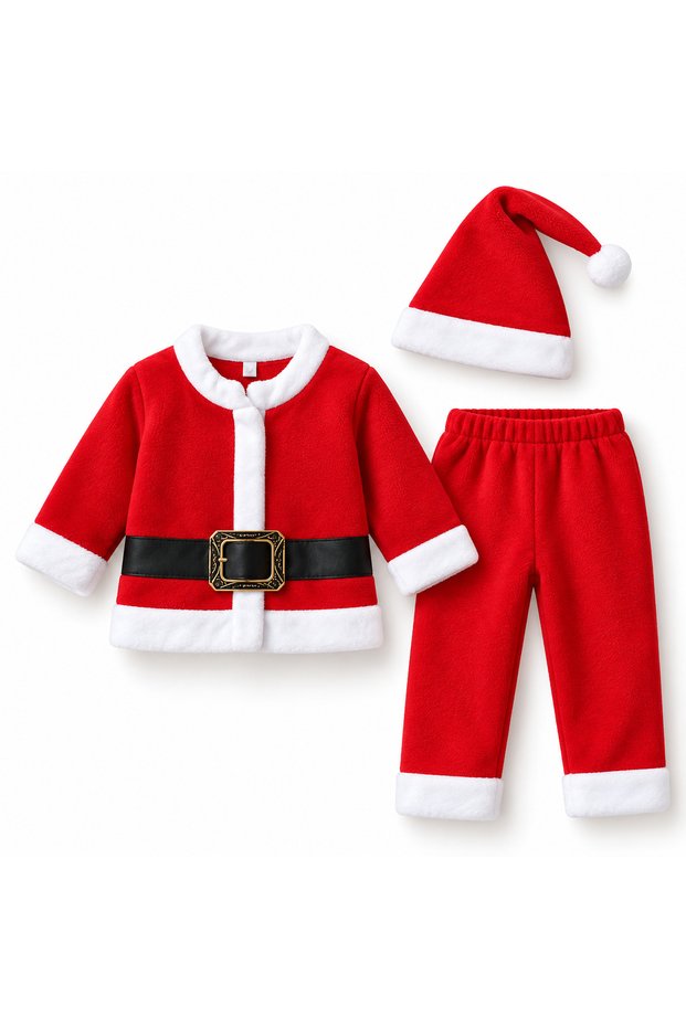 Boys Christmas Santa Claus Costume 3 Piece Set with Hat Red Plush Santa Outfit 1-8 Years