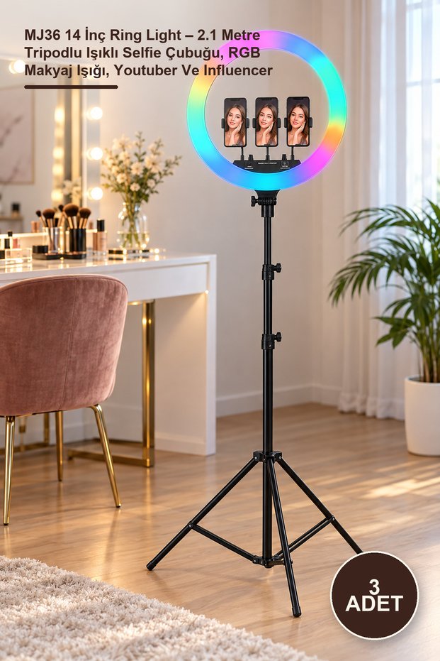 3 pieces mj36 14 inch ring light - 2.1 meter tripod lighted selfie stick, rgb makeup light, youtuber and influencer