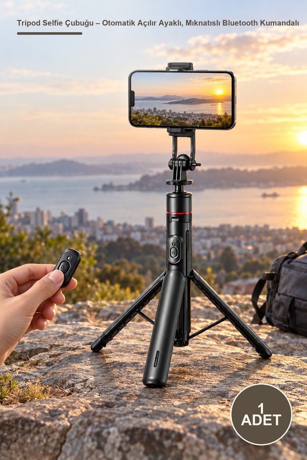 1 Piece Tripod Selfie Stick – with Automatic Pop-Up Stand, Bluetooth Control with Magnet, 360 ° Rotating and 270 ° Adjustable Headboard, Detachable Phone Clip, Black Tt02