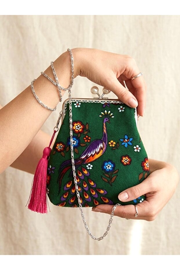 18X18 cm Vintage Peacock Patterned Green Lightweight Handbag